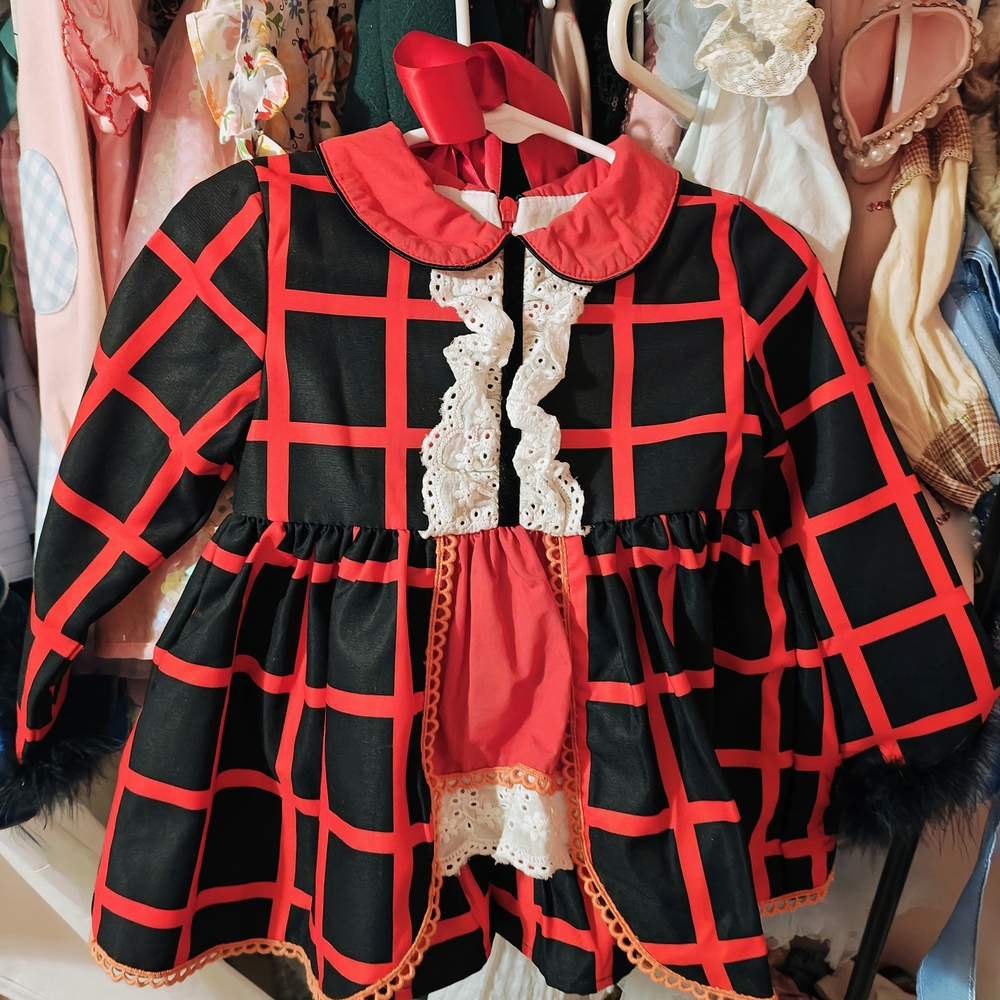 Red and Black Plaid Dress with Lace Trim